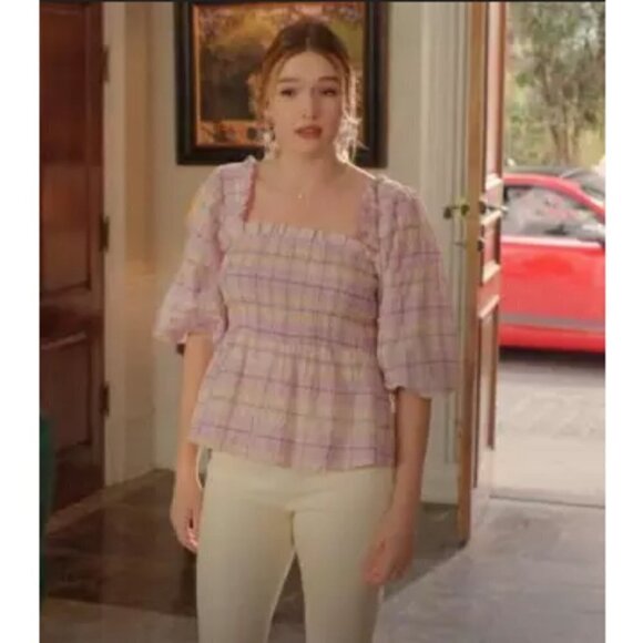 💕GANNI💕 Smocked Seersucker Plaid Top ~ Orchid Bloom Checked Print 44 EU NWT - Picture 10 of 16